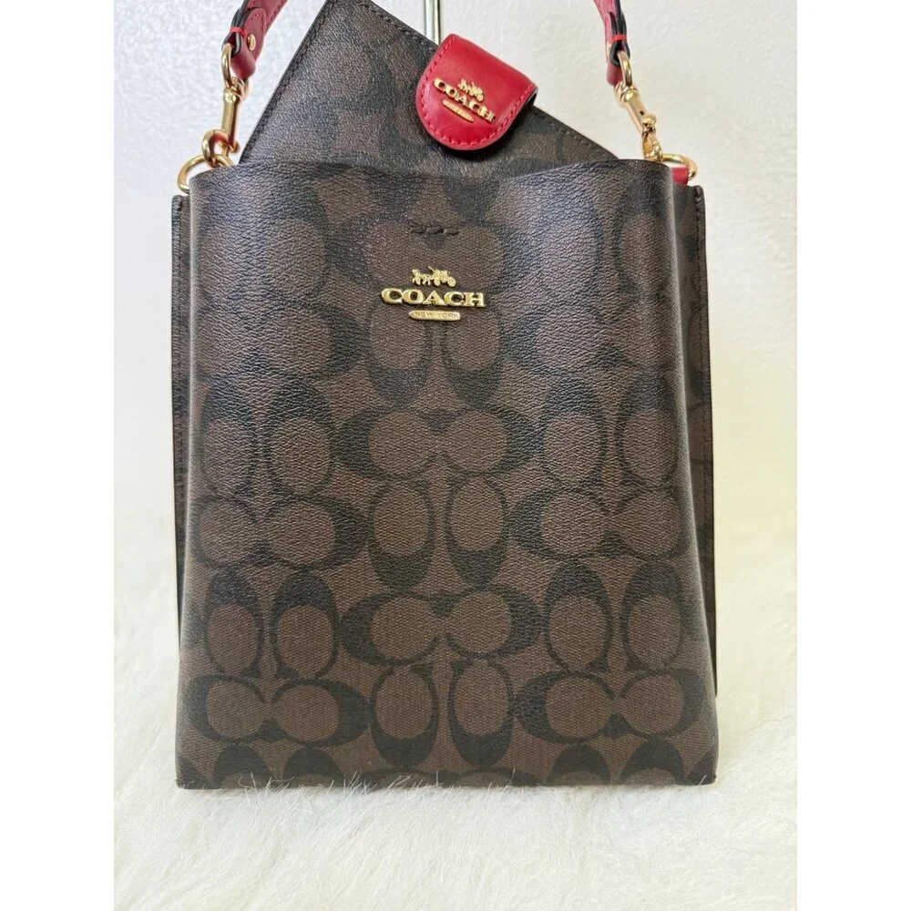 Coach Town Bucket Bag Red Brown Monogram Coated Canva Leather WT Matching Wallet